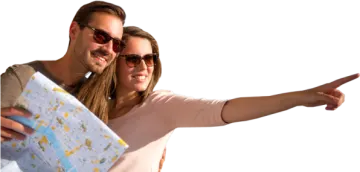 a man and woman looking at a map
