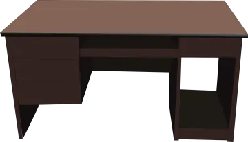 a brown desk with two drawers