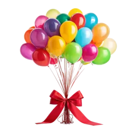 a bunch of colorful balloons with a red bow