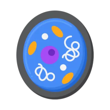 a blue button with orange and white circles on it