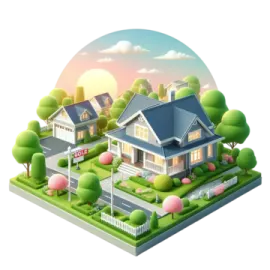 a house with trees and bushes in the background