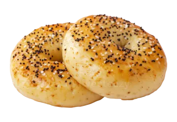a close up of two bagels on a white background