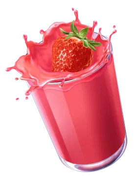 a strawberry in a glass filled with pink liquid