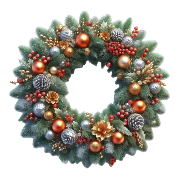 a christmas wreath with ornaments and pine cones