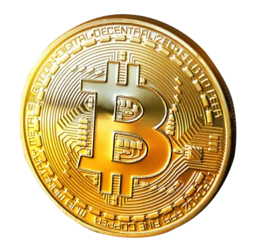 a golden bit coin on a white background