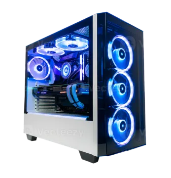 a computer case with blue lights on it