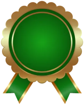 a gold medal with green ribbon