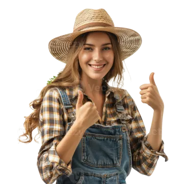 a woman in overalls and a straw hat giving a thumbs up