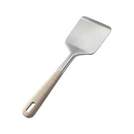 a spat with wooden handle on a white background