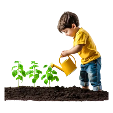 a young boy watering his plants