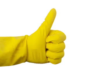a hand in yellow rubber gloves showing the thumbs