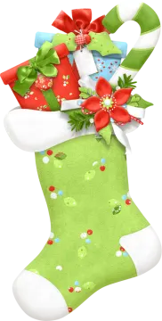 a green christmas stocking with red and white bows