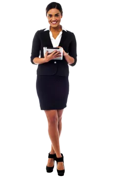 a woman in a business suit holding a tablet