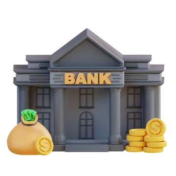 a bank building with coins in front of it