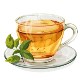 a cup of tea with green leaves