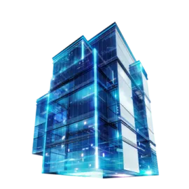 a glass building with blue lights on it