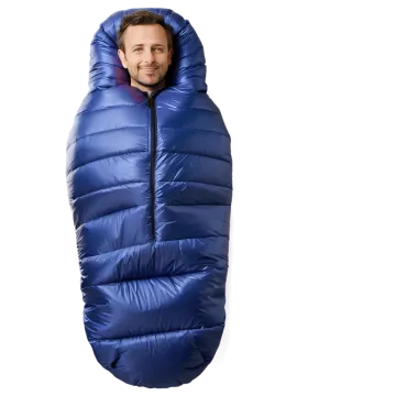 a man in a blue sleeping bag
