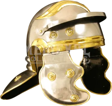 a silver and gold helmet on a white background