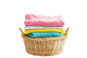 a basket filled with towels on a white background