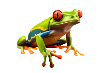 a frog with red eyes sitting on a white surface