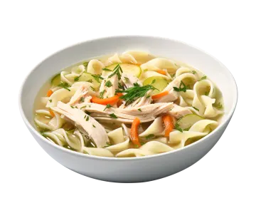 a bowl of chicken noodle soup on a white background