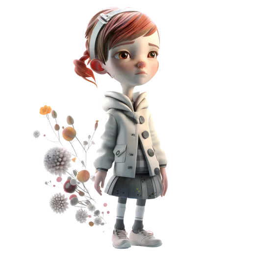 a little girl standing in front of a white background