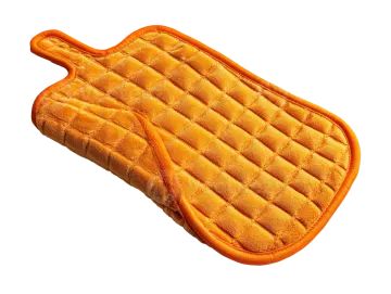an orange oven mit on a white background