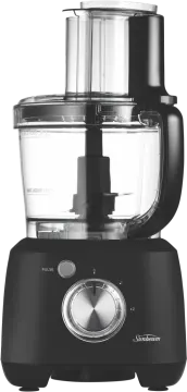 a black food processor on a white background