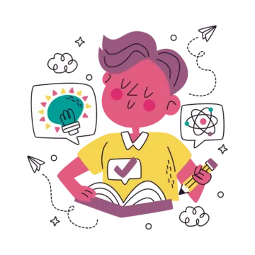 a woman reading a book with icons around her