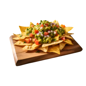 a wooden tray topped with chips and gui
