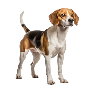 a brown and white dog standing on a white background