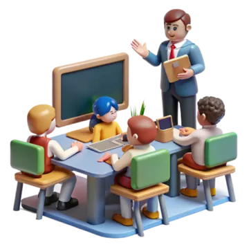 a group of children sitting at desks in front of a blackboard
