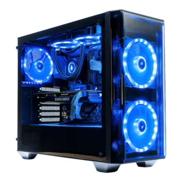 a black computer case with blue leds