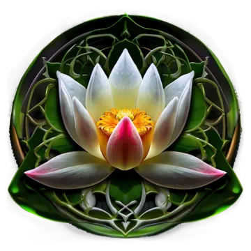 a white and pink flower with green leaves