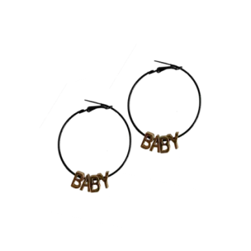 a pair of black and gold hoop earrings with the word baby on it