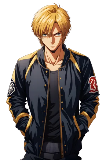 a man with blonde hair wearing a black and gold jacket