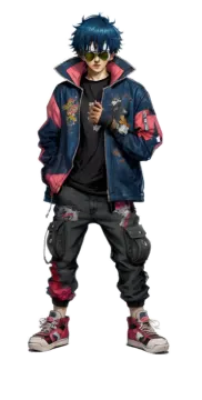 a young boy in a blue jacket and black pants