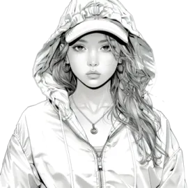 a black and white drawing of a woman wearing a hoodie