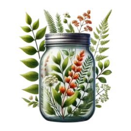 a glass jar filled with flowers and leaves