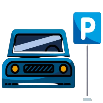 a blue car with a parking sign on it