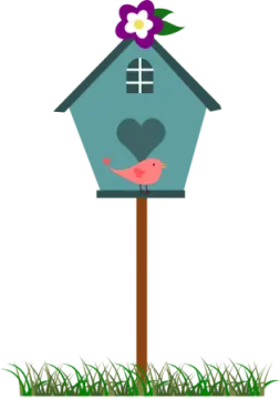 a bird house with a pink flower on top