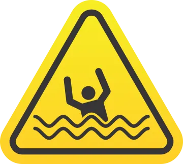 a warning sign with a swimmer in the water