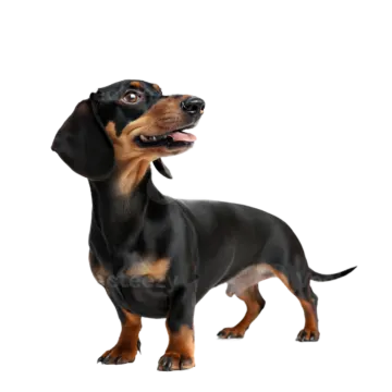 a small black and brown dog standing on a white background
