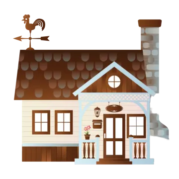 an illustration of a house with a rooster on the roof