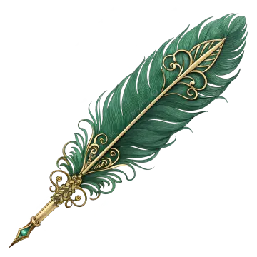 a green feather with gold accents on it