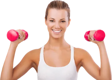 a woman holding two dumbs in her hands