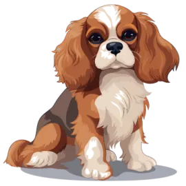 a brown and white dog sitting on the ground