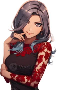 a girl with grey hair and red dress