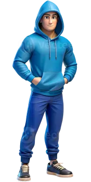 a cartoon character in a blue hoodie