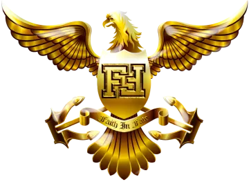 a golden eagle with a shield and banner